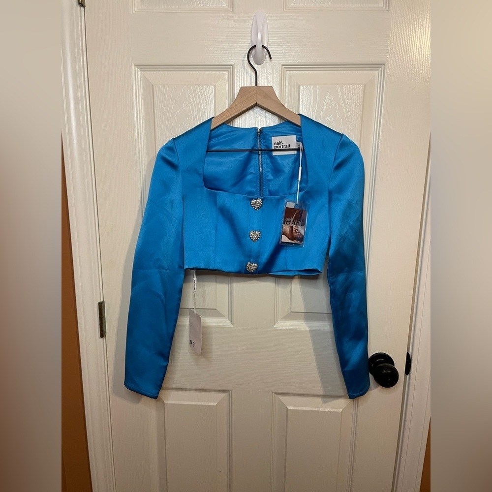 Self Portrait Blue Satin Crop Top Crystal Embellished Jacket Size 2 NWT - Picture 2 of 12
